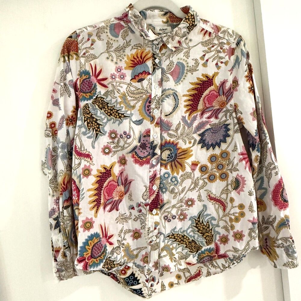 Dylan Womens Small White Button-Down Shirt Colorful Floral Print Casual